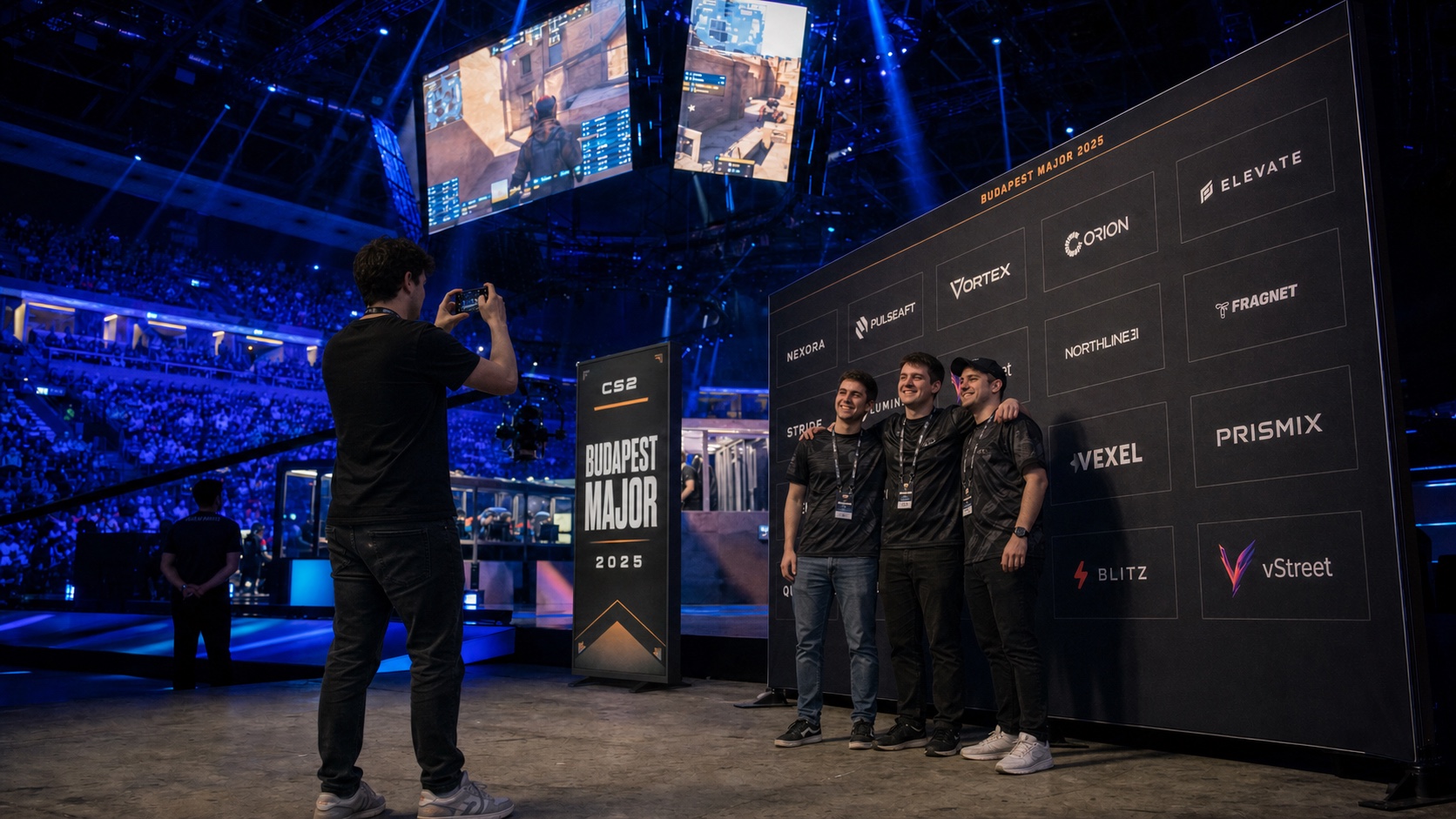 Concept visualization of Counter-Strike fans taking a photo beside a Budapest Major sponsor wall featuring vStreet